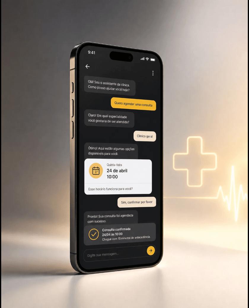 Smartphone exibindo conversa em que a IA agenda e confirma uma consulta
