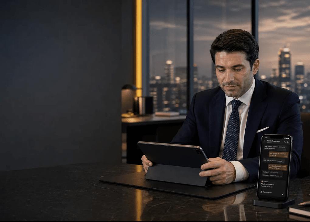 Banker analisando informações em tablet com smartphone exibindo agendamento automático de reunião