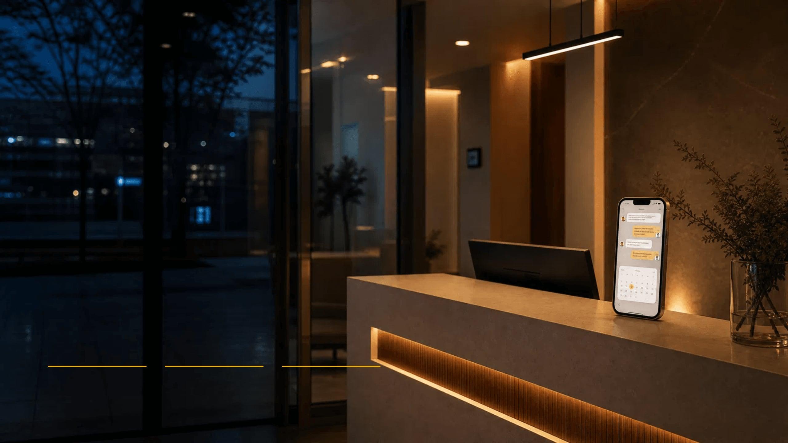 Recepção de clínica iluminada à noite com smartphone mostrando agendamento automático