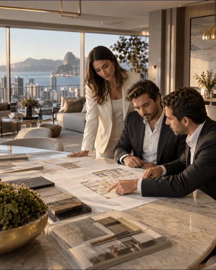 Equipe imobiliária analisando plantas e planejando a operação