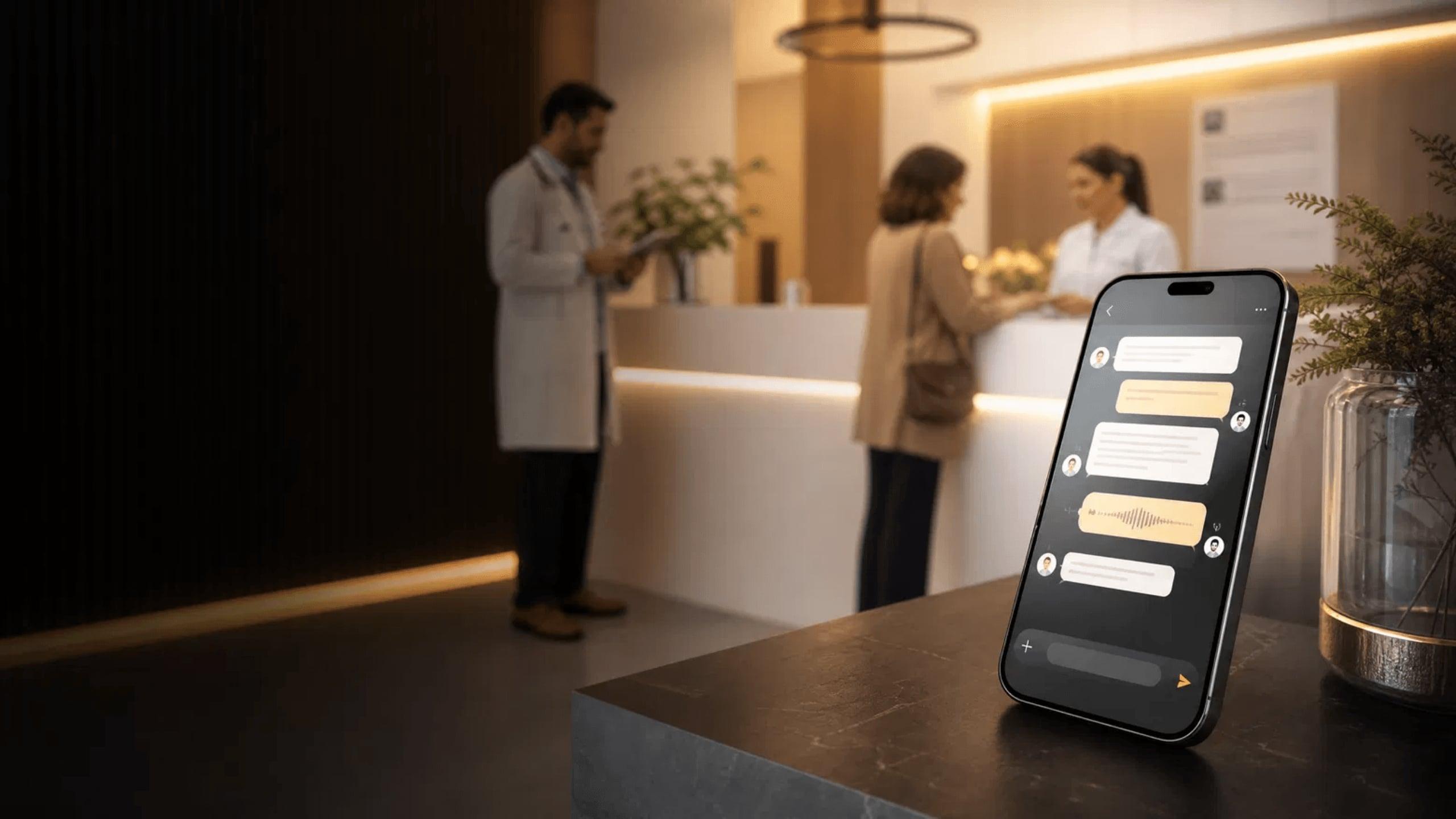 Recepção de clínica moderna com smartphone exibindo conversa de atendimento no WhatsApp